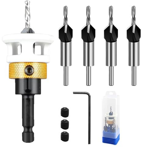 Pmueuff Brocas Avellanadoras con Tope de Profundidad, Juego de 4 Broca Avellanadora Madera Avellanador Madera con Broca 2.8/3/3.2/35/4 mm HSS-M2 para Carpinteros, Amantes del Bricolaje