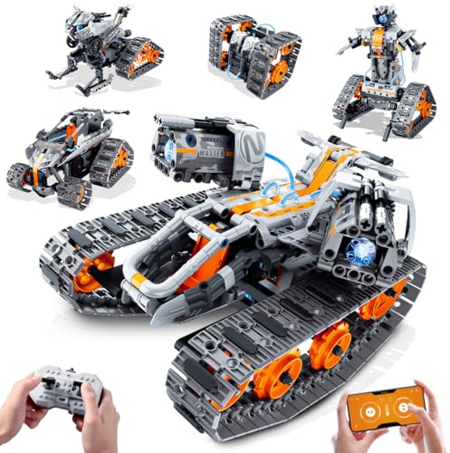 HiWEEGO Technik Roboter für Kinder mit LED Licht, 5-in-1 APP und Fernbedienung Bausatz RC Robot/Tracked/Racer/Technic Panzer/Auto Schlitten, Wiederaufladbar Geschenk für Jungen und Mädchen 6–12 Jahren