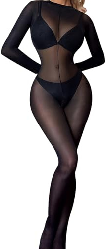 Hernin Bodystocking Femme Sexy Catsuit Bodystocking Manches Longues Catsuit Nylon Bodysuit Ouvert Entrejambe Collant (Noir B, Taille unique)