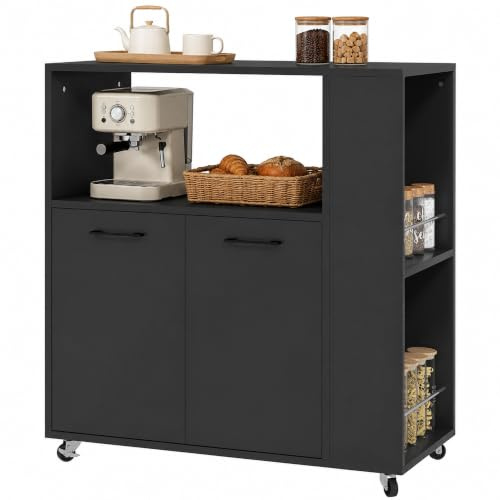HOMCOM Carrello Cucina con Ripiano Aperto 75x40x80.5 cm Nero | Armadietto a 2 Ante, Scaffale Laterale a 2 Livelli, Carrello Multiuso, Ripiano Regolabile in Legno