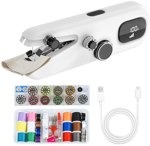 Mini Handheld Sewing Machine, with Digital Display, Rechargeable Mini Sewing Machine, 3-Speed Adjustable, Includes Accessories, Ideal for Clothing, Furniture, Home Goods & DIY Crafts