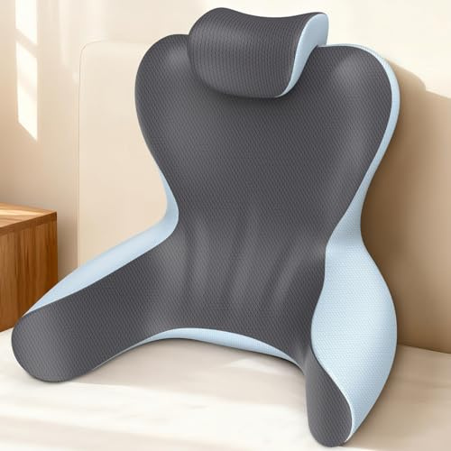 Reading Pillow for Sitting in Bed,22 H Back Support Pillow for Sitting up,Back Rest & Lumbar Support Pillows with Arms, Bed Rest Chair Cushion,Chaise Lounges Reclining,Gaming,Work,Resting(Grey&Blue)