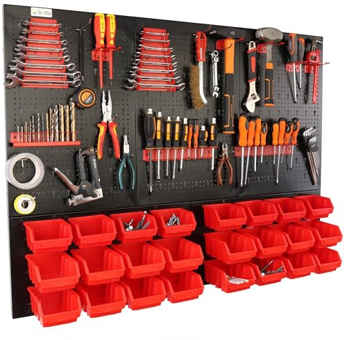 botle Panneau à outils mural perforé en métal, boîtes empilables + étagère murale + porte-outils 51 pièces, pour petites pièces, atelier mural avec 24 récipients empilables rouges petits et grands