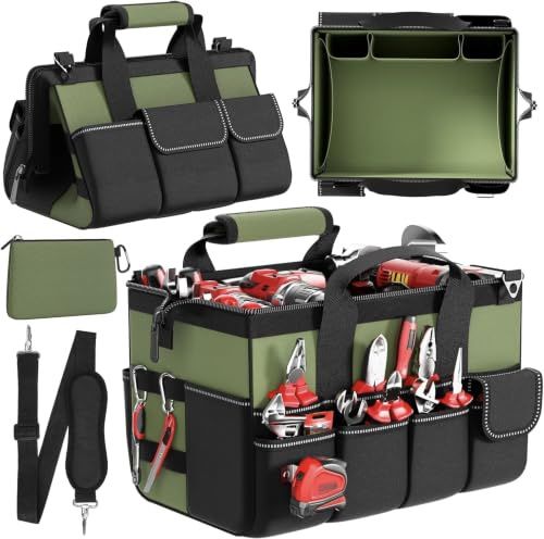 WELDUN Sac à outils de 39,5 cm avec 1 pochette, boîte à outils portable à 17 poches avec sangle réglable, poignée souple, 39,5 x 25 x 26 cm, sac à outils robuste pour homme, cadeau pour la fête des