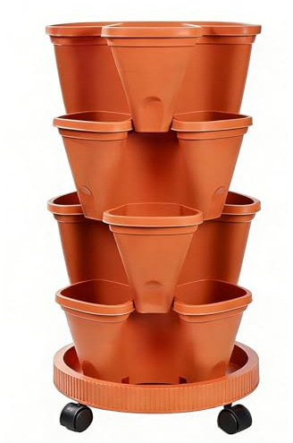 Generico Jordgubbstorn - 4-lagers stapelbar planteringskruka 33x16 cm | Vertikalt trädgårdstorn med avloppshål dränering | Krukor för inomhusväxter med bricka med hjul | Blomlåda I