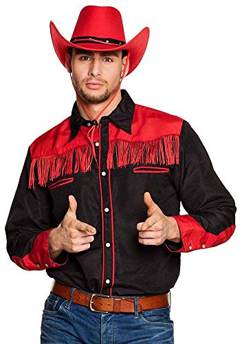 Boland - Chemise Western pour Homme, Noire avec Rouge, avec Franges, Cow-Boy, Far West, Costume, Carnaval, soirée déguisée