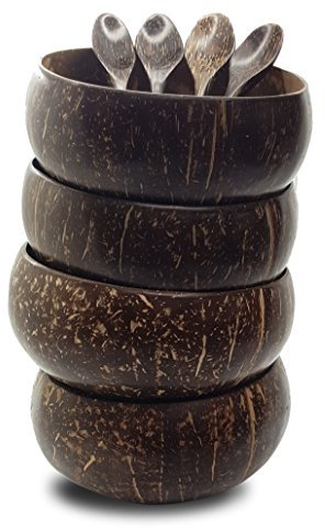 VIE Gourmet Coconut Bowls Spoons (Set of 4) 100% Natural, Hand Made, Vegan, Eco Friendly, Lightweight & Durable Breakfast, Serving, Decoration | Beautifully Handcrafted from Reclaimed Coconut Shells