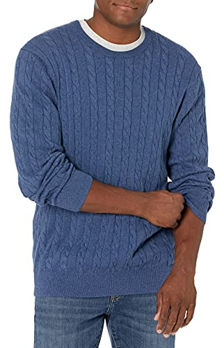 Amazon Essentials Men's Crewneck Cable Cotton Jumper, Blue Heather, XL