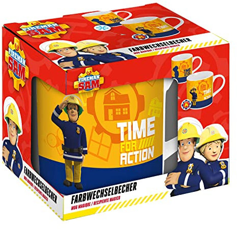 P:os 33732 - Feuerwehrmann Sam Zauberbecher mit coolem Farbwechsel-Effekt, Kinder-Tasse aus Porzellan, ca. 230 ml, im Geschenkkarton