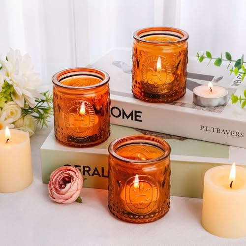 12PCS Glass Tea Light Candle Holders,6.6cm x 5.8cm Vintage Candle Jar, Coloured Tealight Holders, Votive Candle for Indoor, Outdoor, Garden, Dinner, Church, Weddings, Home Décor, Gifts (Brown)