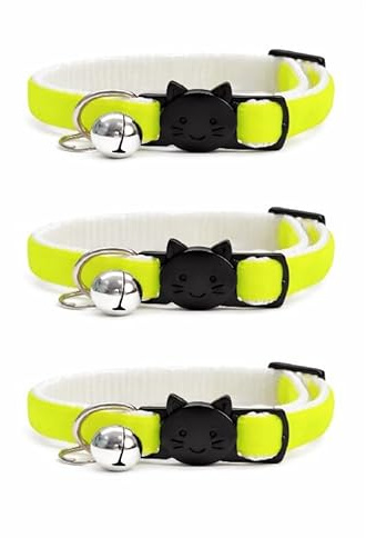 Velvet Cat Collars with Bell. Safe Breakaway Quick Release Buckle. Available in Cat & Kitten Size (Pack of 3) (Cat Collar (20cm - 30cm), Neon Green Velvet (Pack of 3))