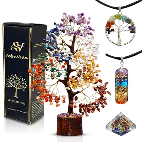 AstraVeda 7 Chakra Crystal Tree with 2 Pendants and Mini Pyramid Gift Set | Natural gemstone chakra tree with two pendants and one mini pyramid, handcrafted for a colourful Feng Shui inspired display