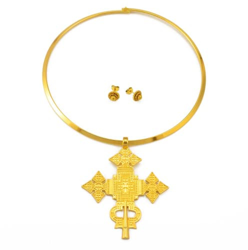 N-Made Beautifull Ethiopian Cross Jewelry for Women - Ethiopian Jewelry for Women Set - Big Size Pendant Chokers Collar and 1Cm Small Earrings Etiopian Jewelry Sets Eritrean African