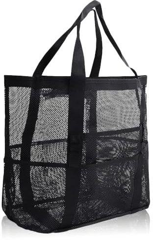 MQWDGJ Mesh Strandtasche XXL Familie, Mesh Beach Bag Einkaufstaschen, Strandtasche mit Reißverschluss Shopper Damen Groß Badetasche für Strand Reise Picknick Schwarz