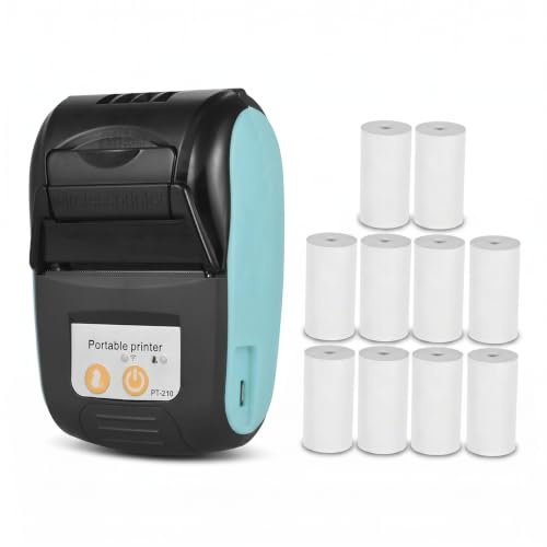 Sunydog Tragbarer Thermodrucker Pt-210, 58mm BT-Belegdrucker Bondrucker für Einzelhandelsgeschäfte, Restaurants, Fabriken, Logistik, 10 Rollen Papier, Geeignet für iOS für Android