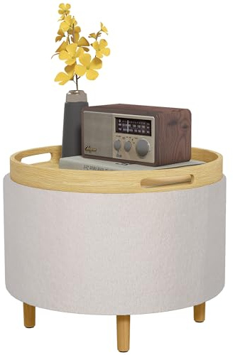 HOMCOM Sitzhocker mit Stauraum Hocker mit Klappdeckel, Runder Fußhocker Sitzwürfel Polsterhocker mit Holzbeine, Samtoptik 56 x 42 x 42 cm Weiß