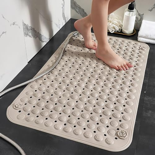 Tapis de Douche Antidérapant 50x80cm,Tapis Antidérapant Douche avec Ventouses et Trous de Drainage,Matériau PVC,Toucher Doux,Beige