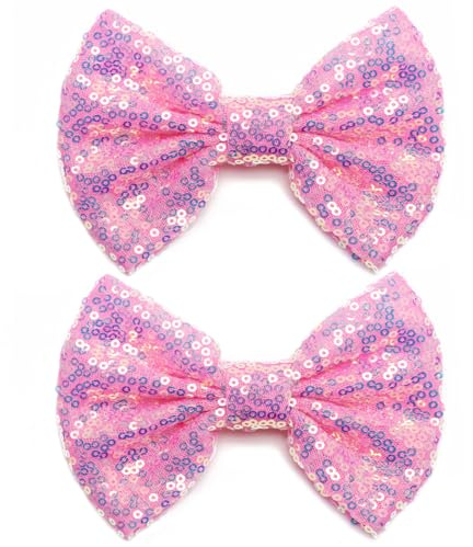 KISZU 4 Inch Sequin Glitter Hair Bows Clips, Sparkling Bling Little Bow HairPins Hair Accessories for Baby Girls Kids Children Teens and Women (Pink)