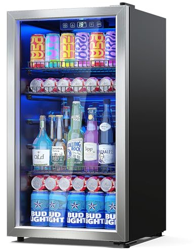 Manastin Beverage Refrigerator Cooler-Mini Fridge Freestanding Cooler with Glass Door, Adjustable Shelves & Digital Temperature Display for Soda, Wine or Beer (Silver, 3.2 Cu.Ft)