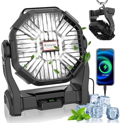 Kssvzz Ventilador Potente, Ventilador Camping con Luz LED, Ventilador USB Recargable Batería 20000mAh, Cabeza Rotación de 270 ° y 360 °Gancho, Mini Ventilador para Camping, Gimnasio, Pesca(Negro)