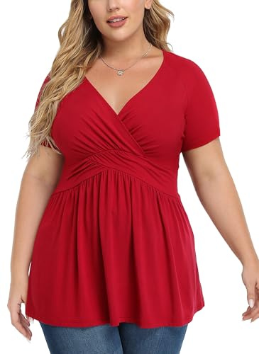 TIANZHU Plus Size Tops for Women Wrap Baby Doll Shirt Soft Tunic Top Dressy V Neck Blouse,XL-4XL