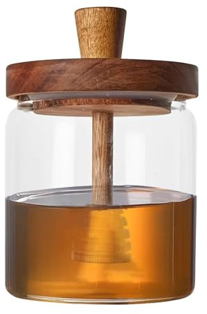 Pots à miel avec cuillère - Pots à miel avec couvercle en bois - Distributeur de miel en verre pour stocker le miel et le sirop pour la maison - 500 ml