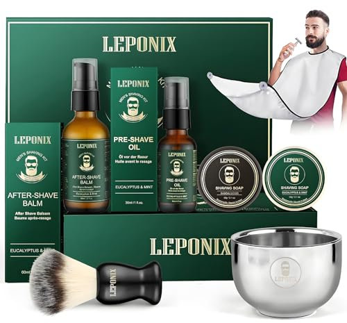 Kit Barba Uomo, Set Barba con Eucalipto e Menta Pre Olio, Balsamo Dopobarba, 2 Pacchetti Sapone, Ciotola, Pennello e Bavaglino, Set Regalo Uomo