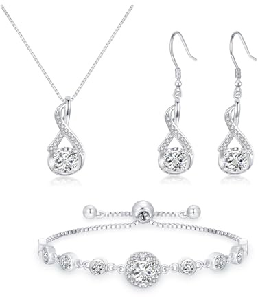 Cangall Women’s Jewellery Sets, 925 Sterling Silver 3PCS Fashion Necklace Bracelet and Earrings Set with AAAAA Cubic Zircon, Infinity Silver Jewellery Set for Wedding Prom Anniversary Birthday Gifts