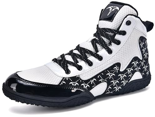 Hiuzylqx Botas De Boxeo Hombre, Zapatos de Lucha Libre CañA Alta Antideslizante,A La AbrasióN,Absorber El Sudor Levantamiento Botas,Blanca,44 EU