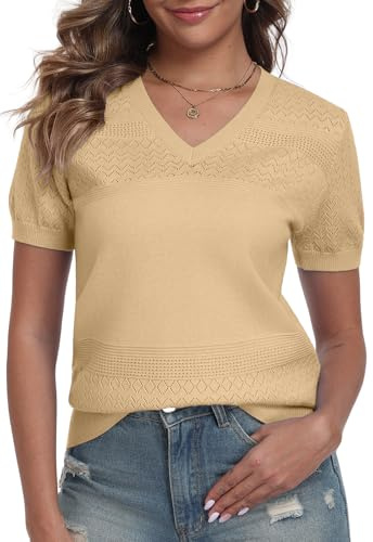 YUNDAI Womens T-Shirts V Neck Short Sleeve Summer Jumpers Ladies Tops Casual Blouse Shirt Textured Knit Patterns Sweater Spring Fall, X-Large Apricot