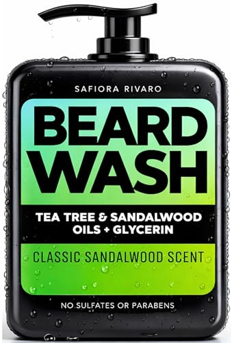 Safiora Rivaro Beard Wash for Men with Tea Tree & Sandalwood – Hydrating Beard Shampoo Softener for Coarse Hair, Grooming Cleanser for Daily Care Routine – Moisturizing Wash for Black Men (5 Fl Oz)