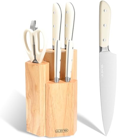 LIN ZHI REN Kitchen Knife Set with Block, 7-Piece Professional Stainless Steel Chef Knife Set, Full Tang Triple Rivet Ultra Sharp Knives, Ergonomic Handle for Home Kitchen & Professional Use (White)