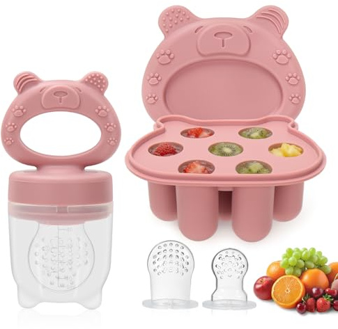 MR.TIMELAG Aspirador para frutas, verduras, loros, sin BPA, contenedor de alimentos para bebés, leche materna, dentado, con 3 ventosas (G/M/K) rosa
