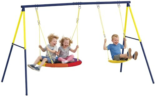 AIYAPLAY Swing Set with Double Swings, Outdoor Playground Playset with Adjustable Ropes, Metal Frame for Kids 3-8, 150kg Capacity, Multicolour