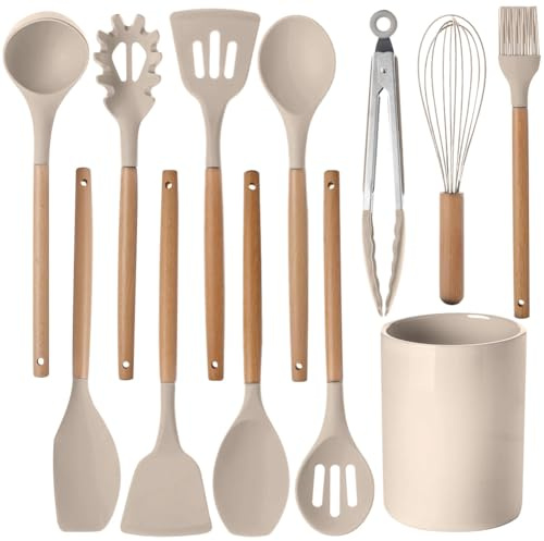 12 st köksredskapsset, silikon köksredskapsset med trähandtag, värmebeständigt och hängbart, non-stick köksredskapstänger spatel sked kit med förvaringshink för hem, diskmaskinssäker (kaki)