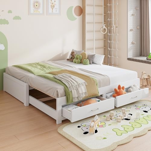 Soweiz Sofá cama extensible de madera, 90/180 x 190 cm, con dos cajones, sin reposabrazos ni respaldo, cama de invitados con somier (blanco)