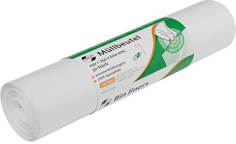 DEISS FIRST PLUS Müllbeutel aus LDPE, 1A-Material, 24 l, weiß, 50 Stück/Rolle