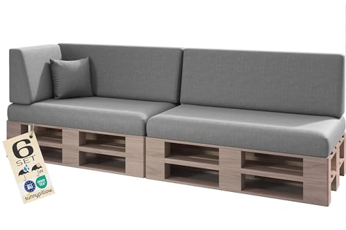 sunnypillow Palettenkissen Outdoor, wasserdicht, UV-lichtecht - 6er Set - Palettenauflage für Palettensofa für Haus und Garten - Palettenpolster für Palettenmöbel - Rückenkissen & Sitzkissen Grau