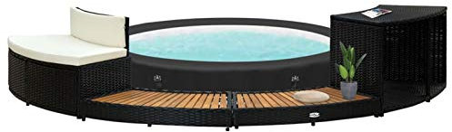 Tidyard Bordo per Spa in Polyrattan Nero e Legno d'Acacia,Bordo per Vasca Idromassaggio da Giardino per Esterno in Polyrattan Nero e Legno Acacia