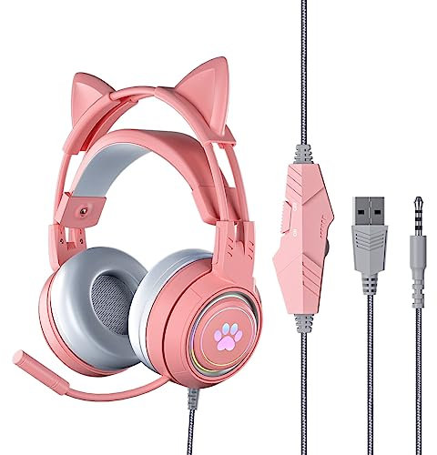 Yunseity Gaming-Headset, USB + 3,5 Mm Abnehmbarer Cat-Ear-Kopfhörer mit Noise-Cancelling-Mikrofon, Gaming-Kopfhörer für One, PC, Mobiltelefon(Rosa)