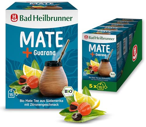 Bad Heilbrunner Bio Mate Guarana Tee - Mate, Guarana-Samen, Zitronenschalen - klassischer Tee aus Südamerika mit Kurkuma (5 x15 Filterbeutel)