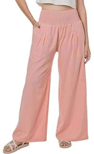 Lofbaz Femme Pantalon Large Été en Coton et Lin Fluide Palazzo Plage Taille Haute Bohème Long Pantalon de Salon avec Poches Rose Bois de Rose S