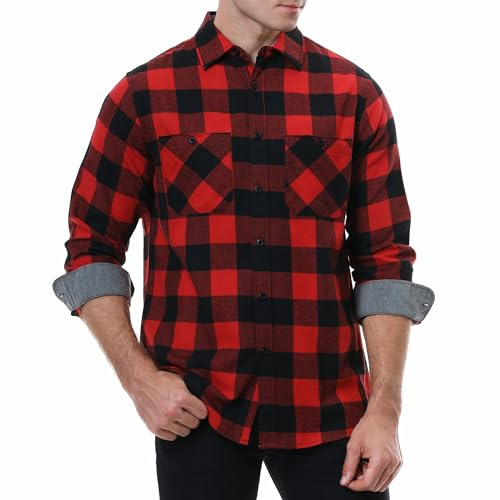 Flannel Shirt for Men Long Sleeve Button Down Plaid Shirts Red/Black L