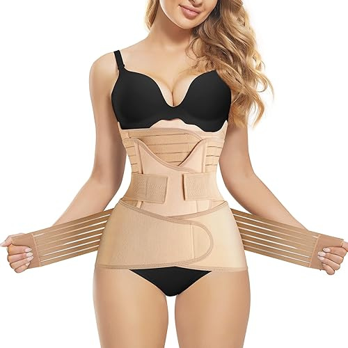 Gotoly 3 in 1 Postpartum Belly Wrap Waist/Pelvis C-Section Recovery Belt Belly Support Band After Pregnancy Tummy Control Girdle Body Shaper (Beige, L)