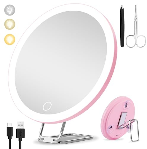 10x Magnifying Mirror with Light Large 6'' Lighted 10x Magnified Mirror with Suction Cups & Table Stand, 3 Color Modes Dimming High Magnification Travel Makeup Mirror with Tweezers & Scissors