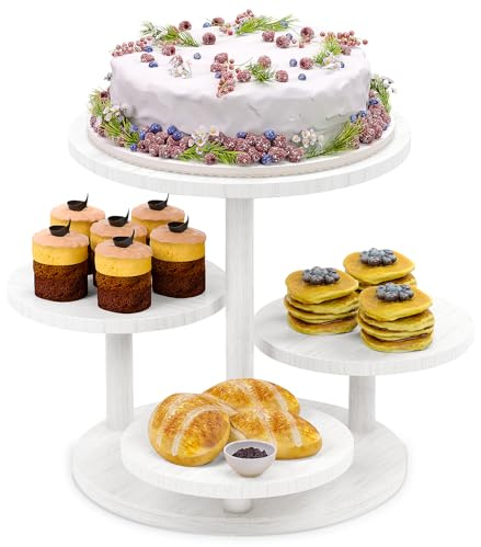 HURZMORO 4 Tier Round Cupcake Tower Stand for 50 Cupcakes,Wood Cake Stand with Tiered Tray Decor,Farmhouse Tiered Tray Decor,Cupcake Display for Birthday Graduation Baby Shower Tea Party,White