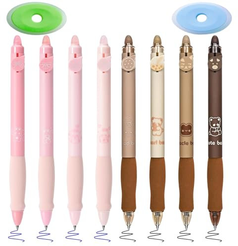 8Stk Niedliche Friction Tintenroller, 0.5mm Schwarze Blaue Tinte Löschbare Hasen Bär Stifte, Cartoon Gelstifte mit 2 Radiergummis, Kawaii Radierbarer Kugelschreiber für Studenten Erwachsene Schreiben