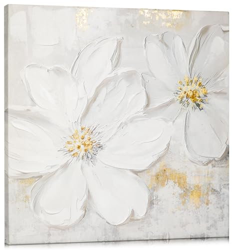 Hollyone Cuadros de lienzo de flores 30 x 30 cm pintura al óleo flor arte de la pared pintura sala de estar modernos murales dormitorio pintado a mano blanco magnolia pintura lienzo para hotel cocina