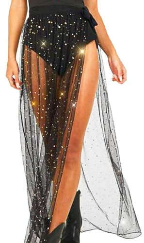 Evlry Transparenter Netzrock, schwarzer Paillettenrock, hoch taillierter Tüllrock, glitzernder Überwurf, Partyrock für Rave-Festivals für Damen