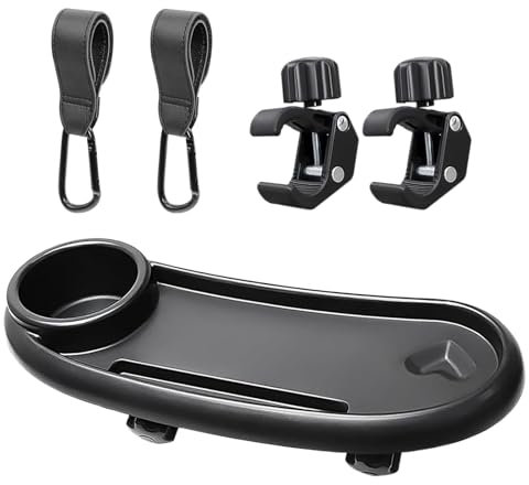 DeJivsin Kinderwagen Snack Tray Kinderwagen, 3 in 1 mit Verstellbarem Clip Kinderwagen Getränkehalter, Kinderwagen Tablett, mit 2 Pram Hooks, Geeignet für die Meisten Kinderwagen mit Armlehnen